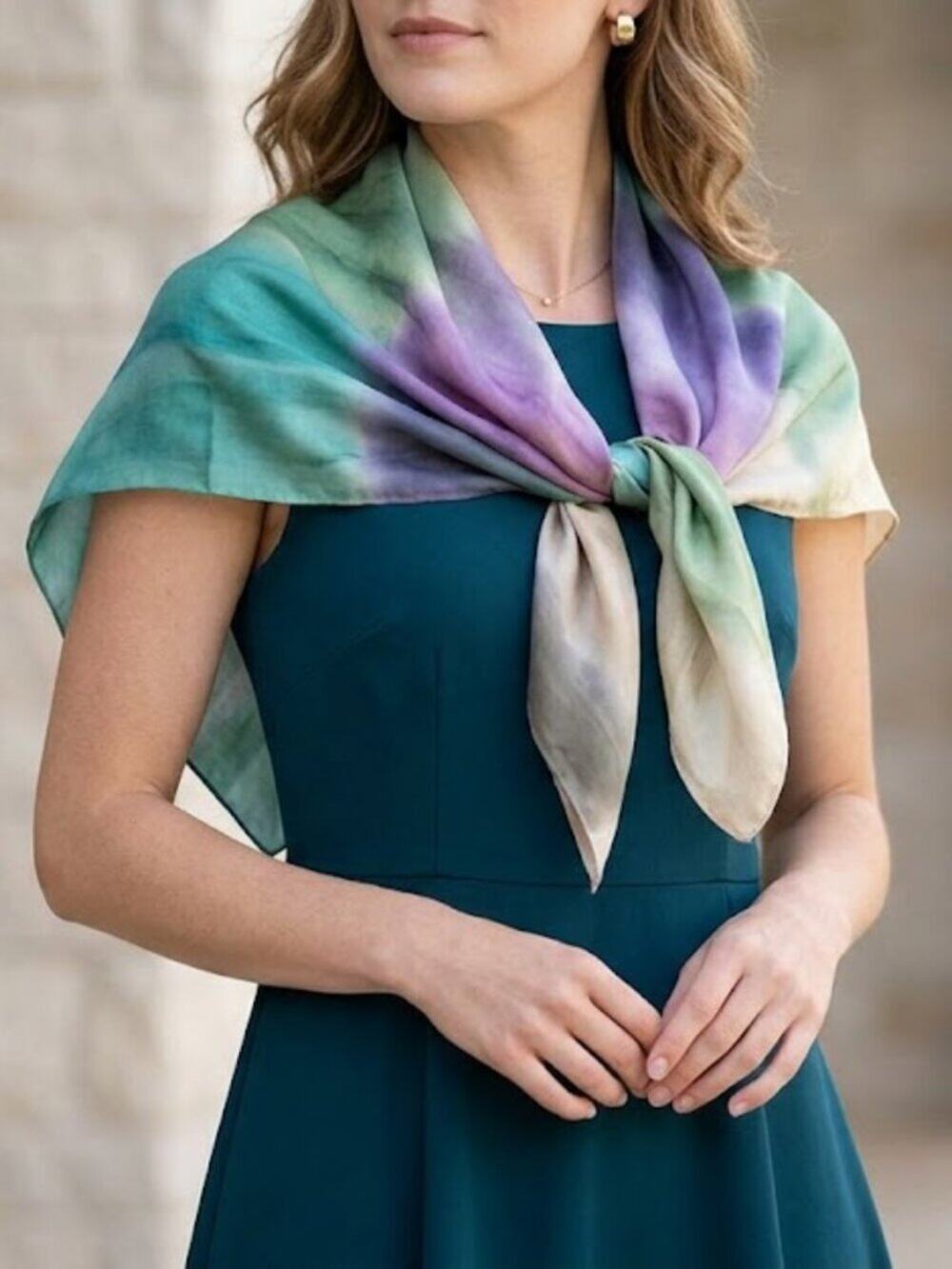 Color Allure 100% Silk Scarf - Watercolor Gradient Square Wrap - 35"